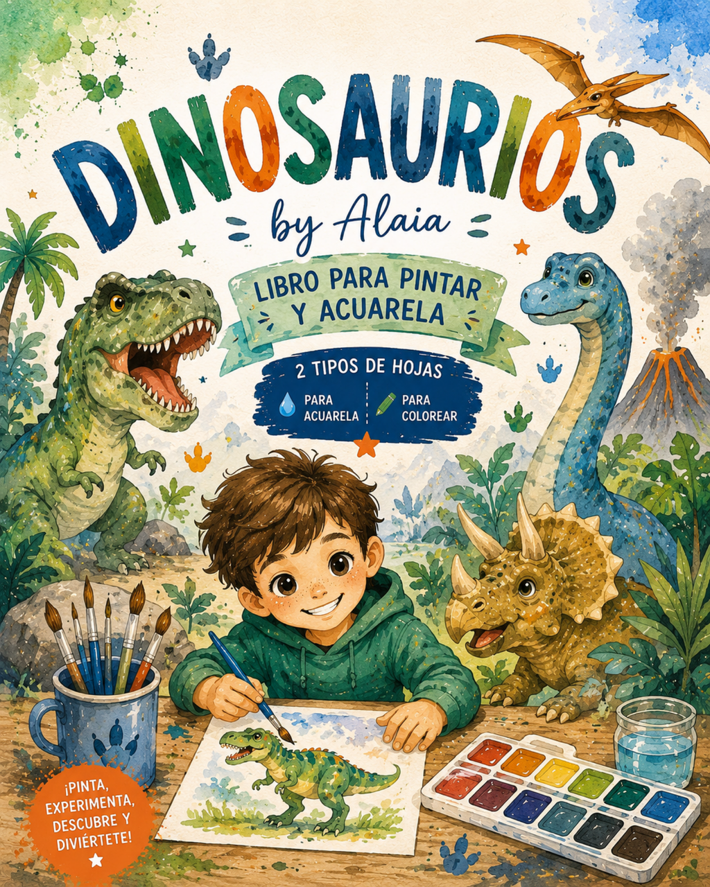 DINOSAURIOS es un Libro para Colorear y Pintar en Acuarela o Acrílico