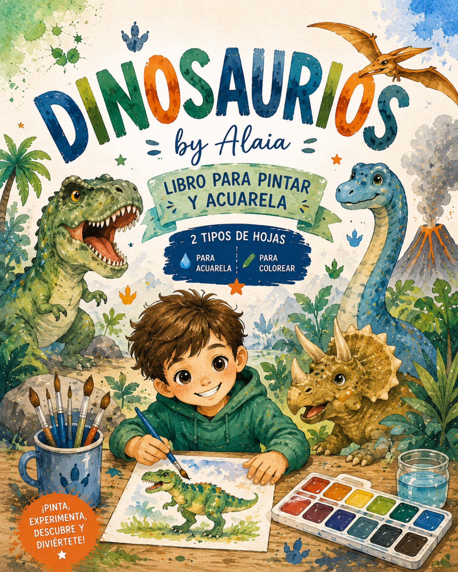 DINOSAURIOS es un Libro para Colorear y Pintar en Acuarela o Acrílico