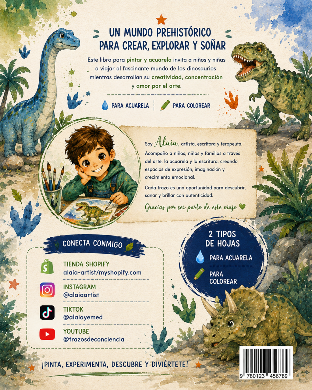 DINOSAURIOS es un Libro para Colorear y Pintar en Acuarela o Acrílico