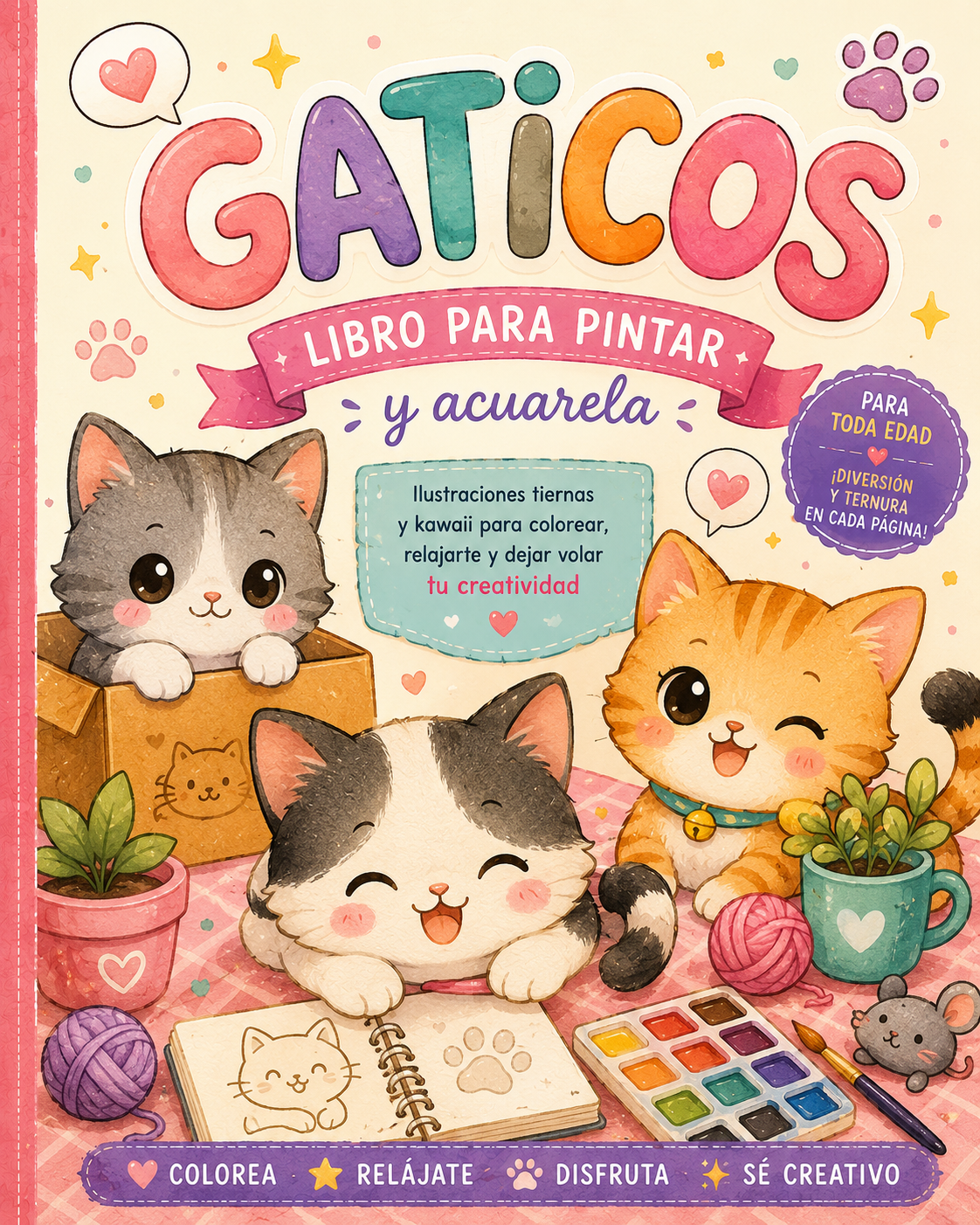 UN MUNDO DE GATICOS colorea, y pinta en Acuarela o Acrílico.