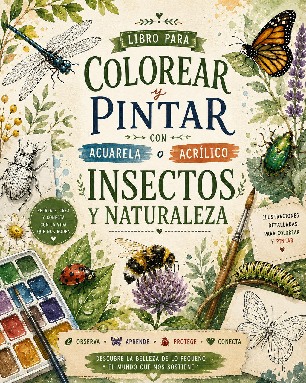 INSECTOS Y NATURALEZA: Libro para Colorear y Pintar con Acuarela, Lápices de Colores o Acrílico